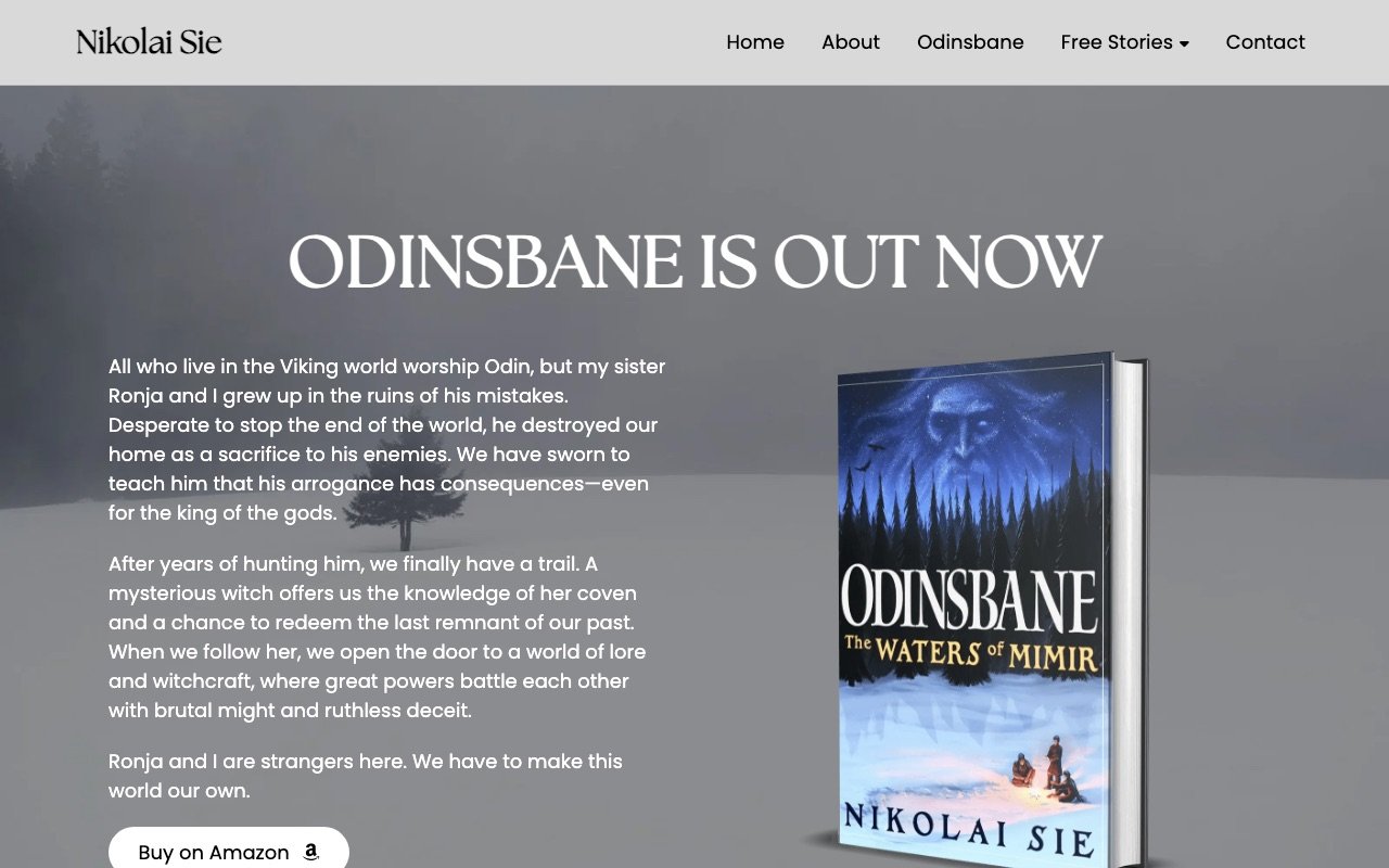 Screenshot of the Odinsbane website showing the book cover